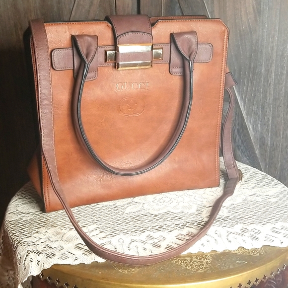 Brown leather purse w/ 2 handles & crossbody strap - Picture 2 of 9